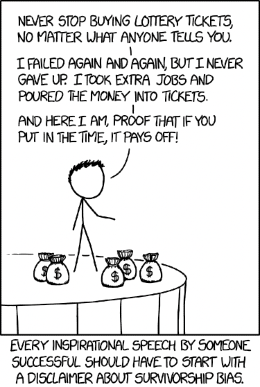 A stick figure speaker gives a TED-type talk surrounded by bags of money, telling the audience to spend all their money on lottery tickets. The caption reads, "Every inspirational speech by someone successful should have to start with a disclaimer about survivorship bias."