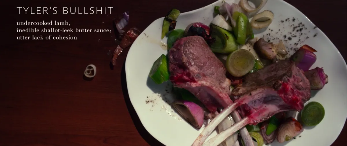 A card for a dish at an exclusive restaurant reads, "TYLER'S BULLSHIT: undercooked lamb, inedible shallot-leek butter sauce, utter lack of cohesion". There is a photograph of the dish.